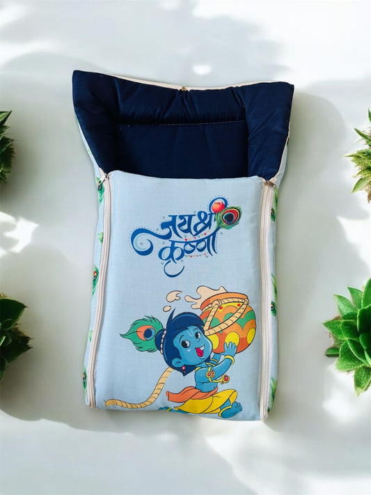 Light Blue and Navy Blue Cotton Baby Sleeping Bag with Hood and Zip