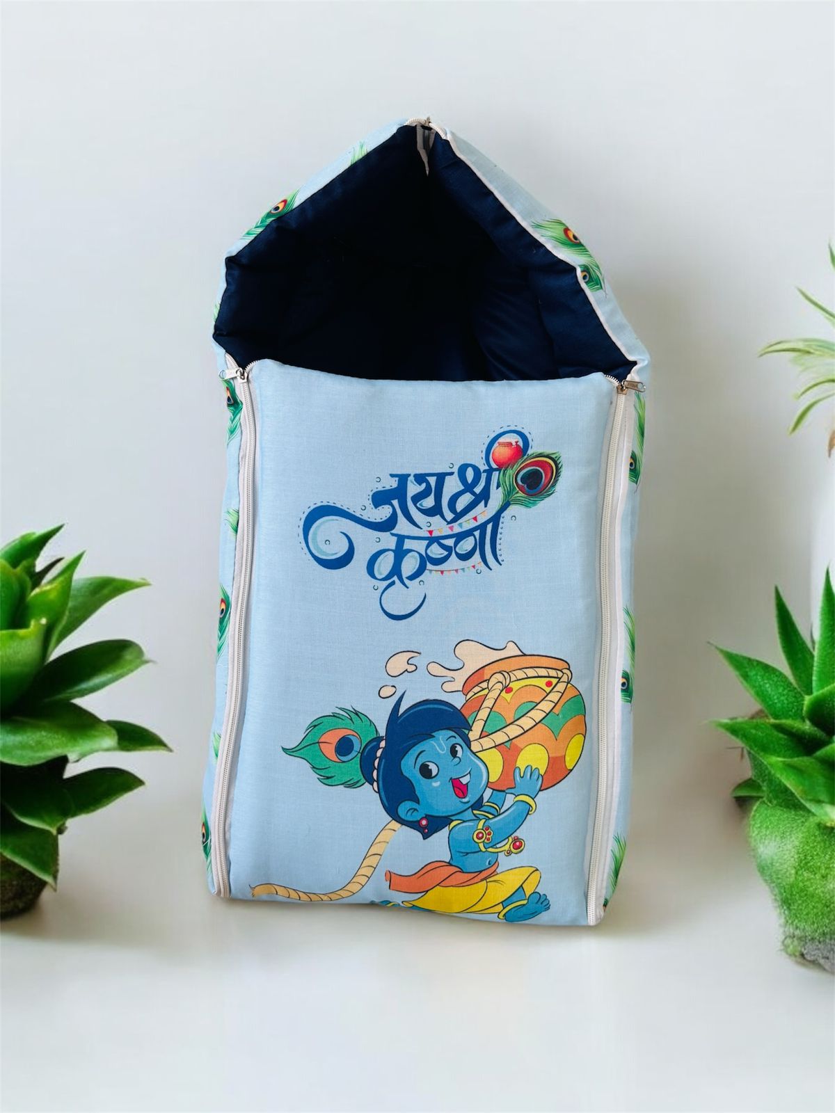 Light Blue and Navy Blue Cotton Baby Sleeping Bag with Hood and Zip