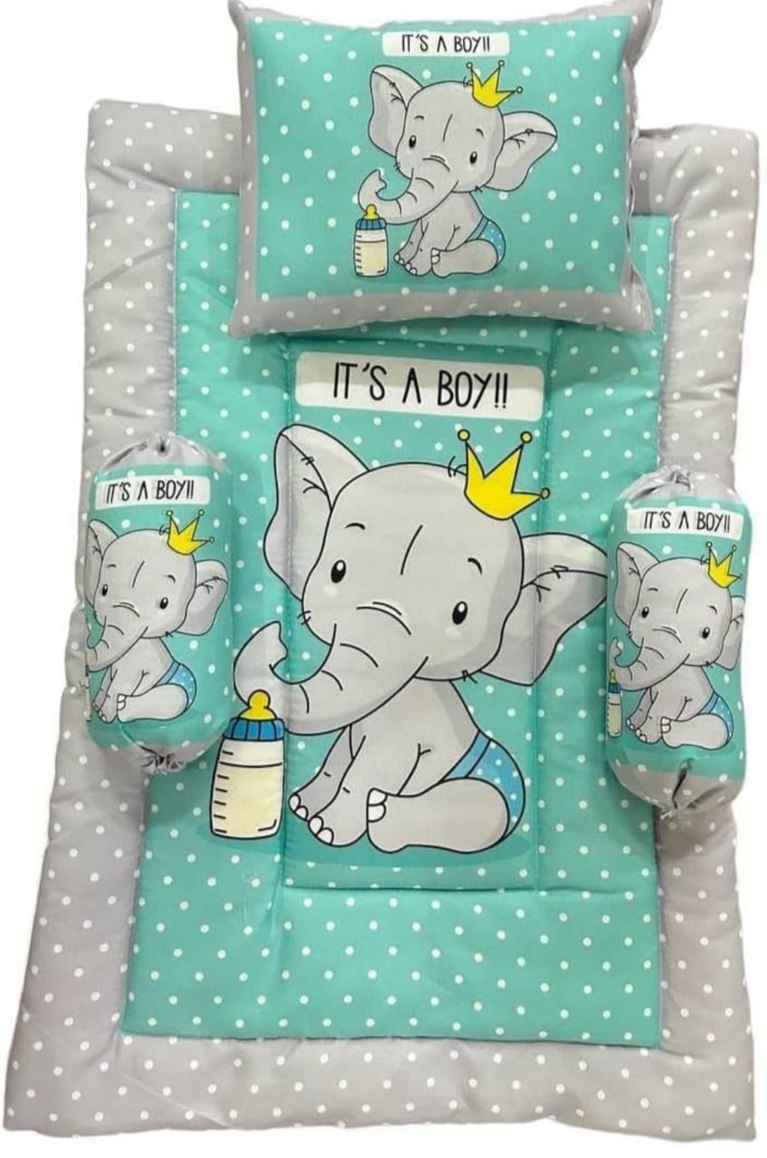 Aqua Blue and Grey Cotton Baby Bedding Set with Pillow and Bolsters