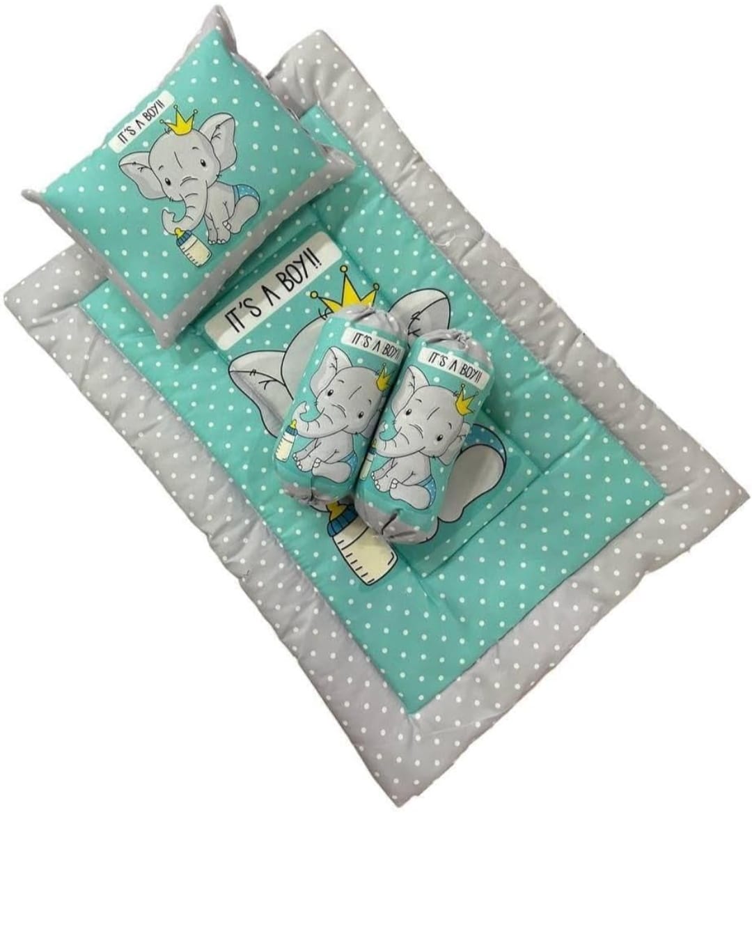Aqua Blue and Grey Cotton Baby Bedding Set with Pillow and Bolsters