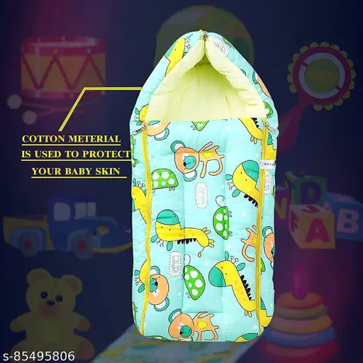 Aqua Blue and Pale Yellow Cotton Baby Sleeping Bag with Hood and Zip