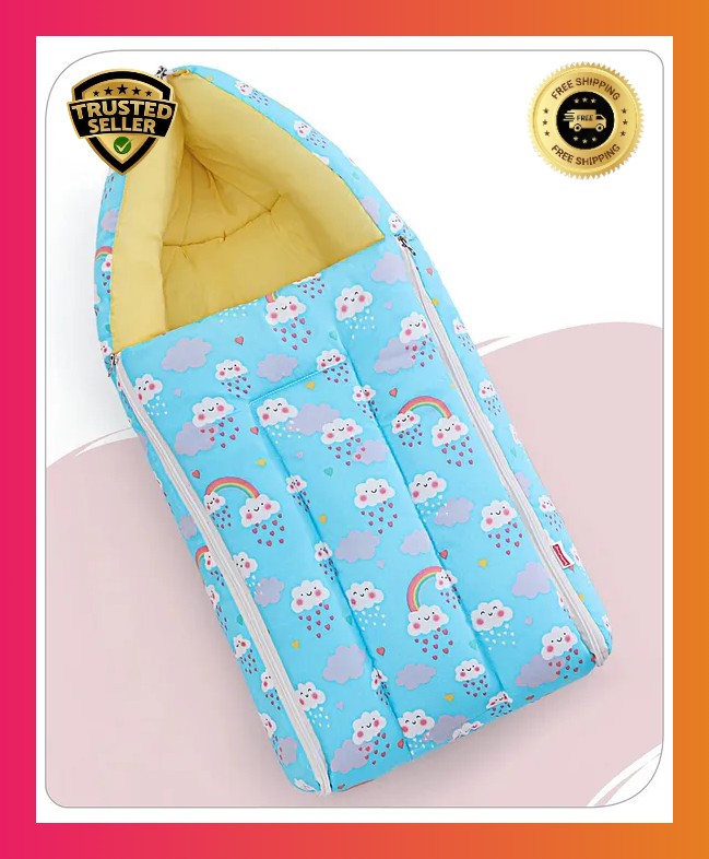 Light Blue and Yellow Baby Sleeping Bag with Hood  and Zip
