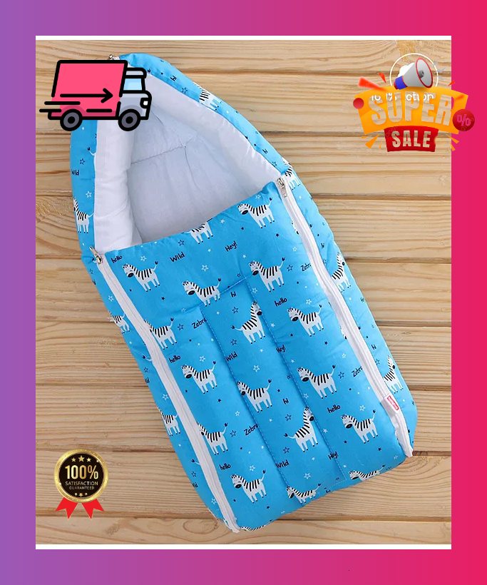 Blue and White Cotton Baby Sleeping Bag with Hood  and Zip
